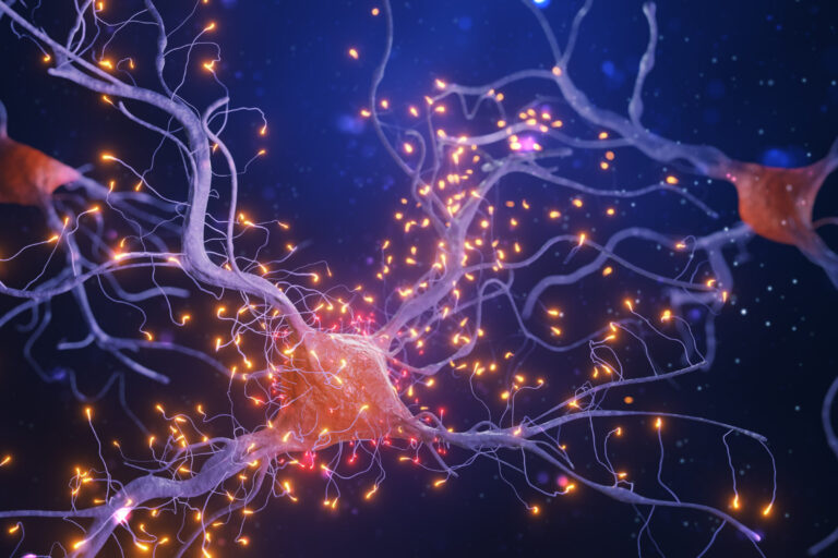 3d rendering of neuron cells with light pulses on a dark background.